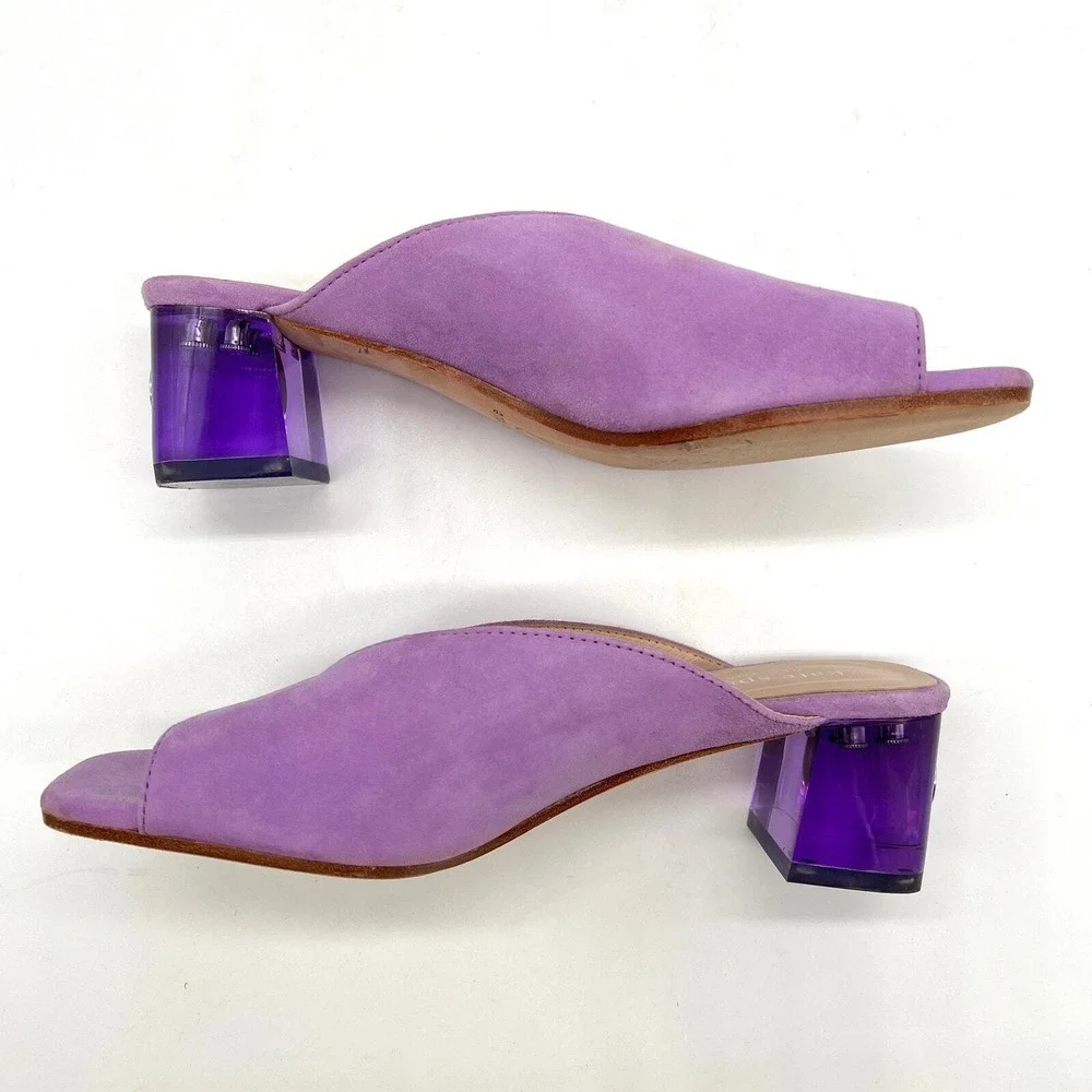 Kate Spade Mules Women 5.5 Purple Suede Lucite Block Heel Crystal Detail